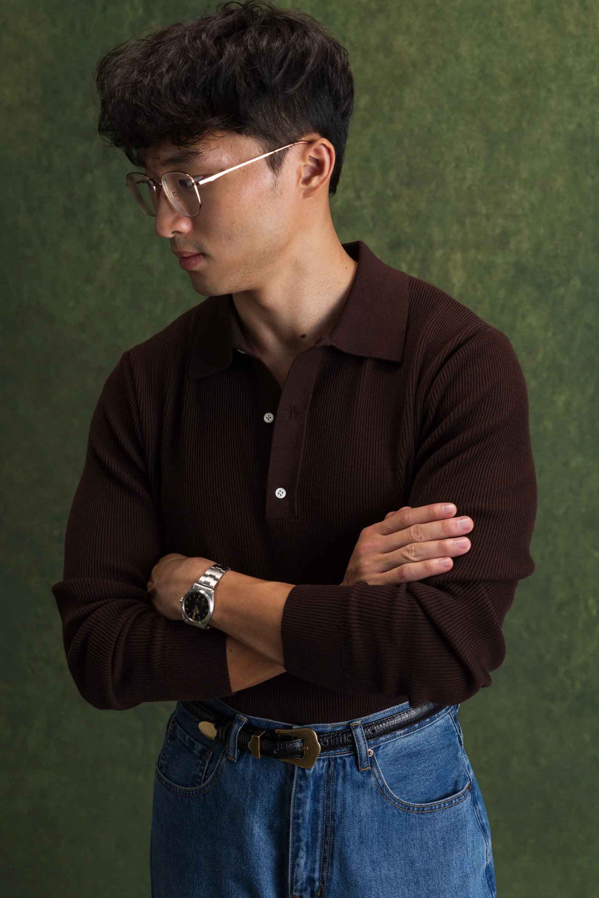 Brown Long Sleeve Ribbed Polo