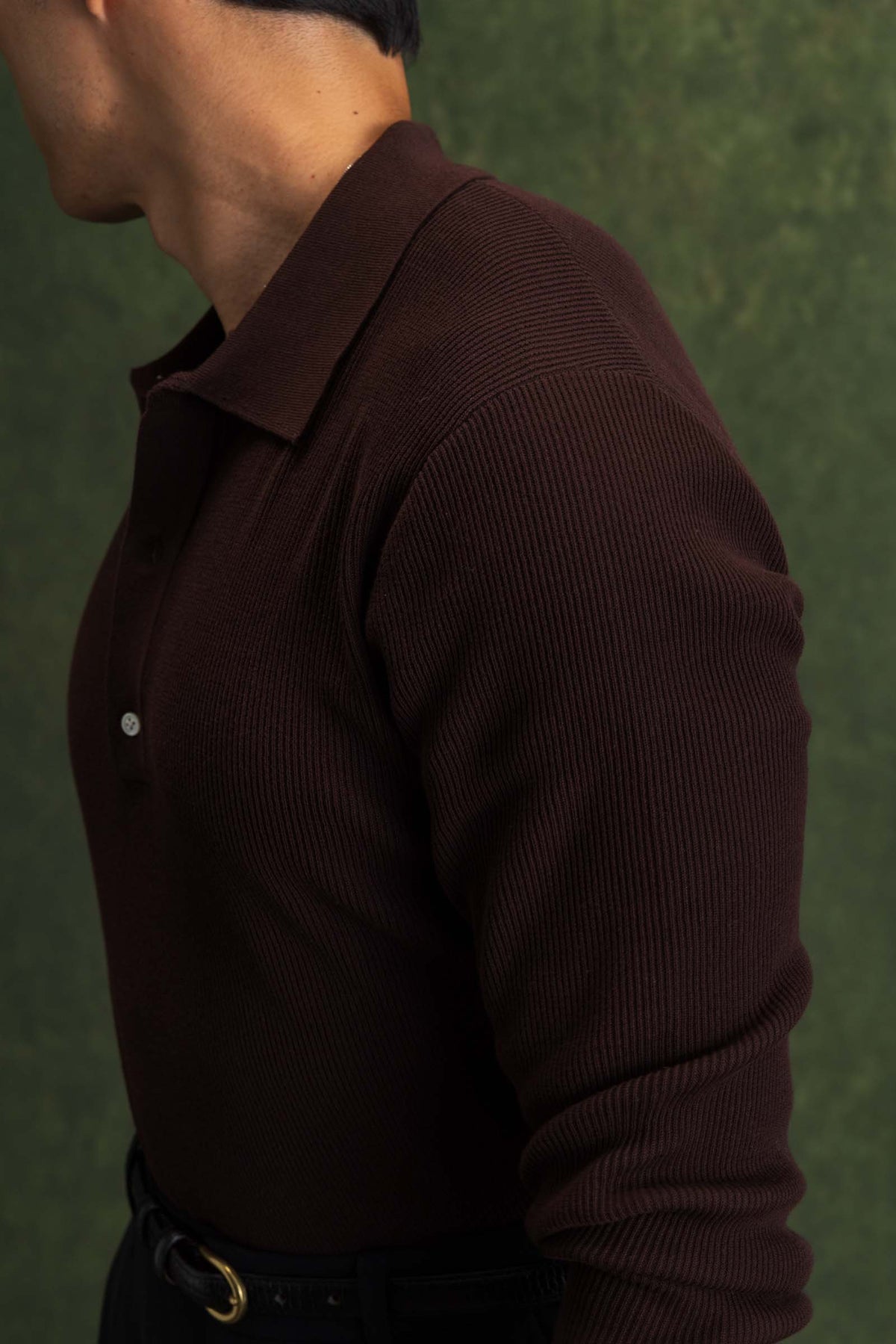 Brown Long Sleeve Ribbed Polo