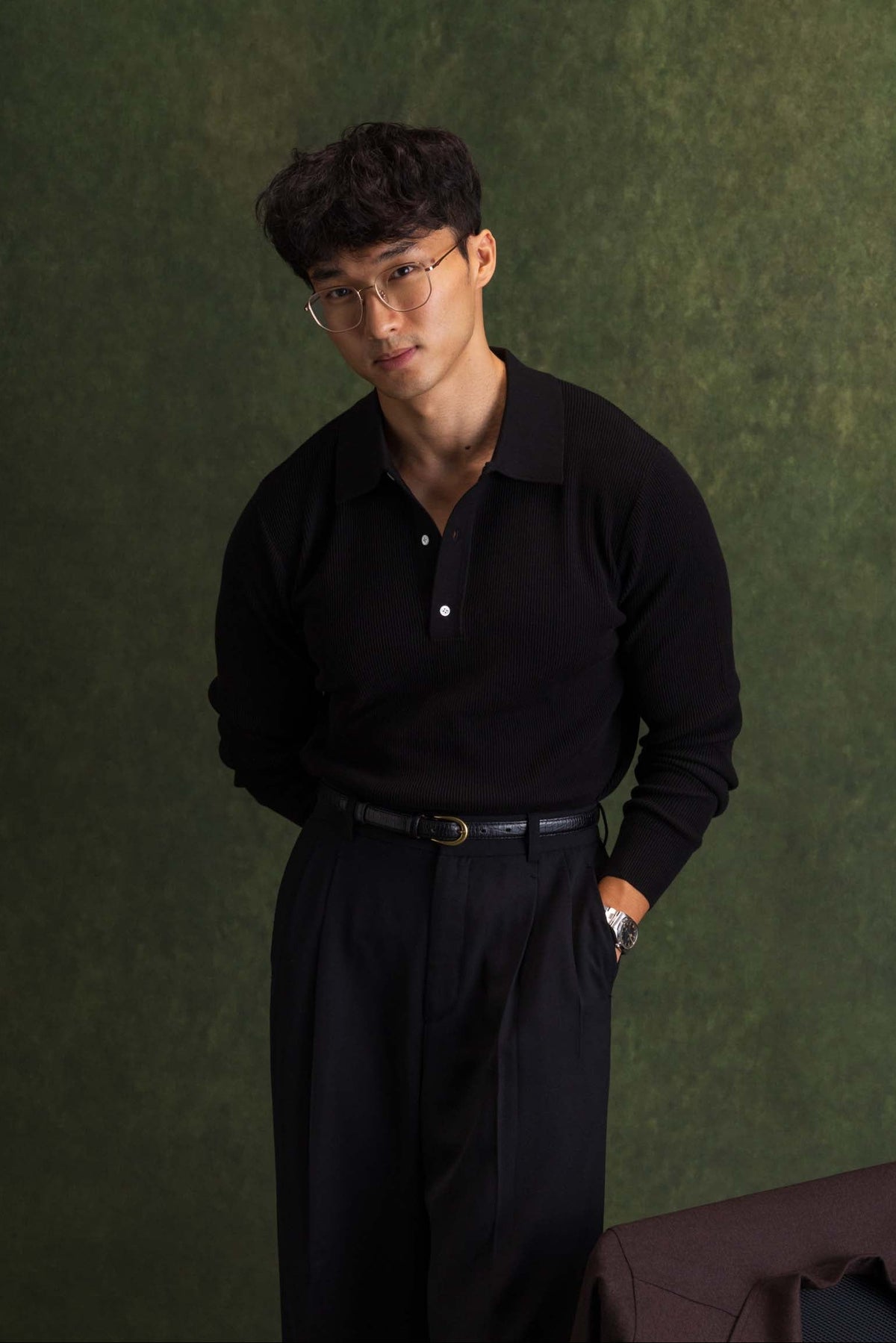 Black Long Sleeve Ribbed Polo