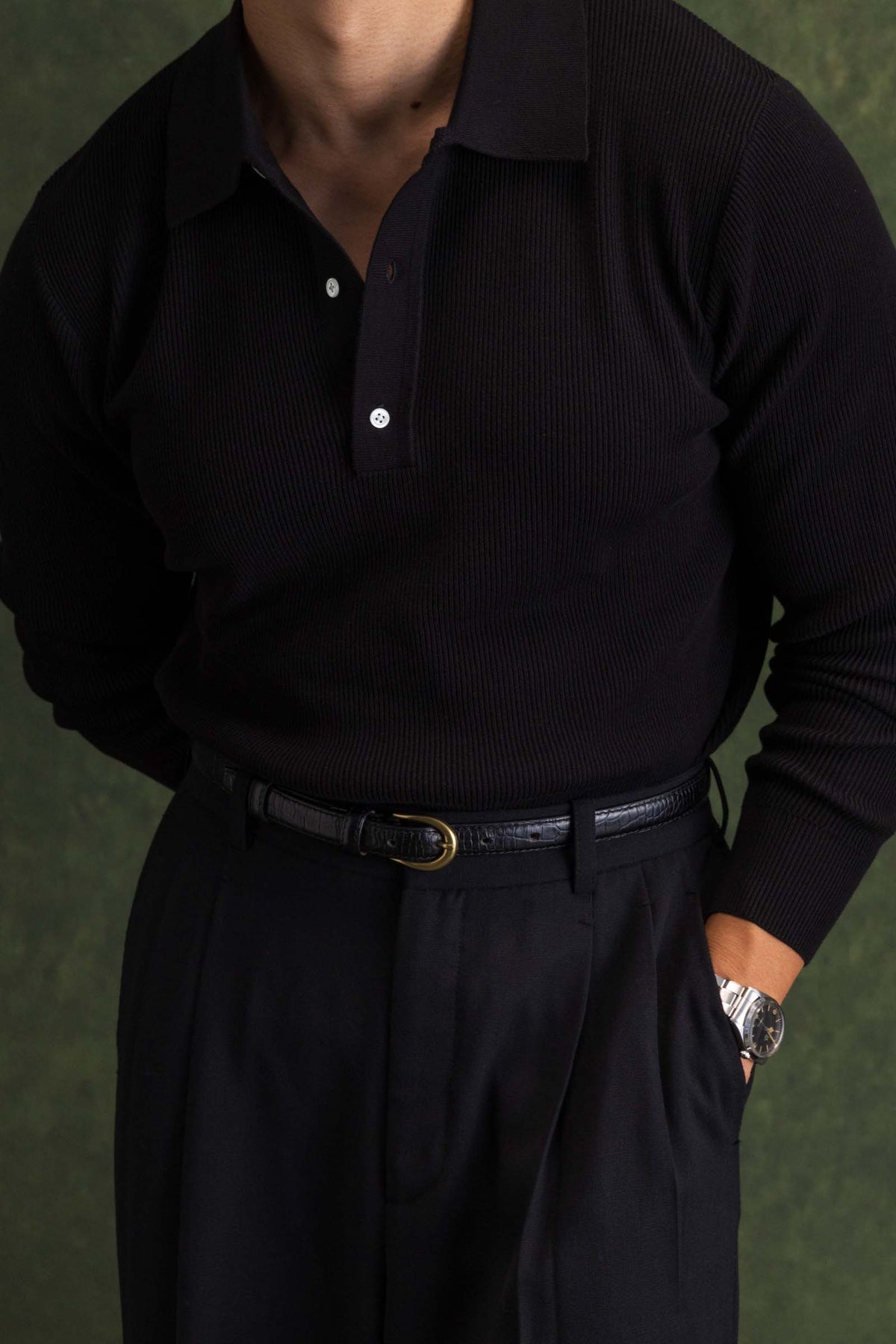 Black Long Sleeve Ribbed Polo