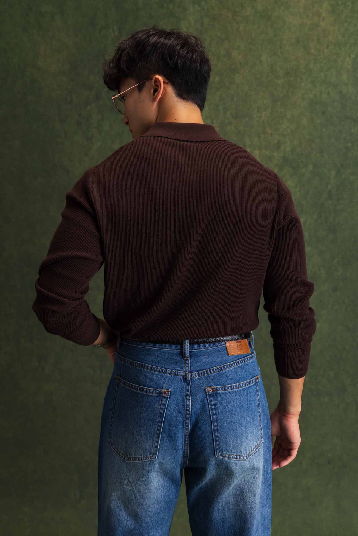 Brown Long Sleeve Ribbed Polo