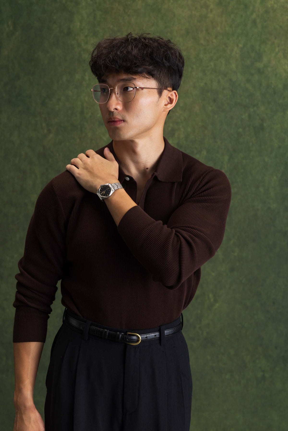 Brown Long Sleeve Ribbed Polo